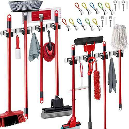 2 Pack Mop and Broom Holder Wall Mount ? Self-Adhesive Stainless Steel broom hanger organizer ? 4 Clamps, 3 Hooks ? Holds Up to 40 Lbs