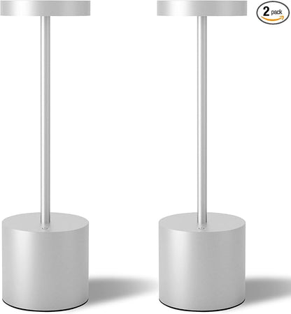 Cordless Table Lamps Set of 2, 5000mAh Rechargeable Battery Powered Lamp, 3 Color Stepless Dimming LED Table Lamp, Portable Table Light for Outdoor/Indoor/Restaurant/Home. (Silver)