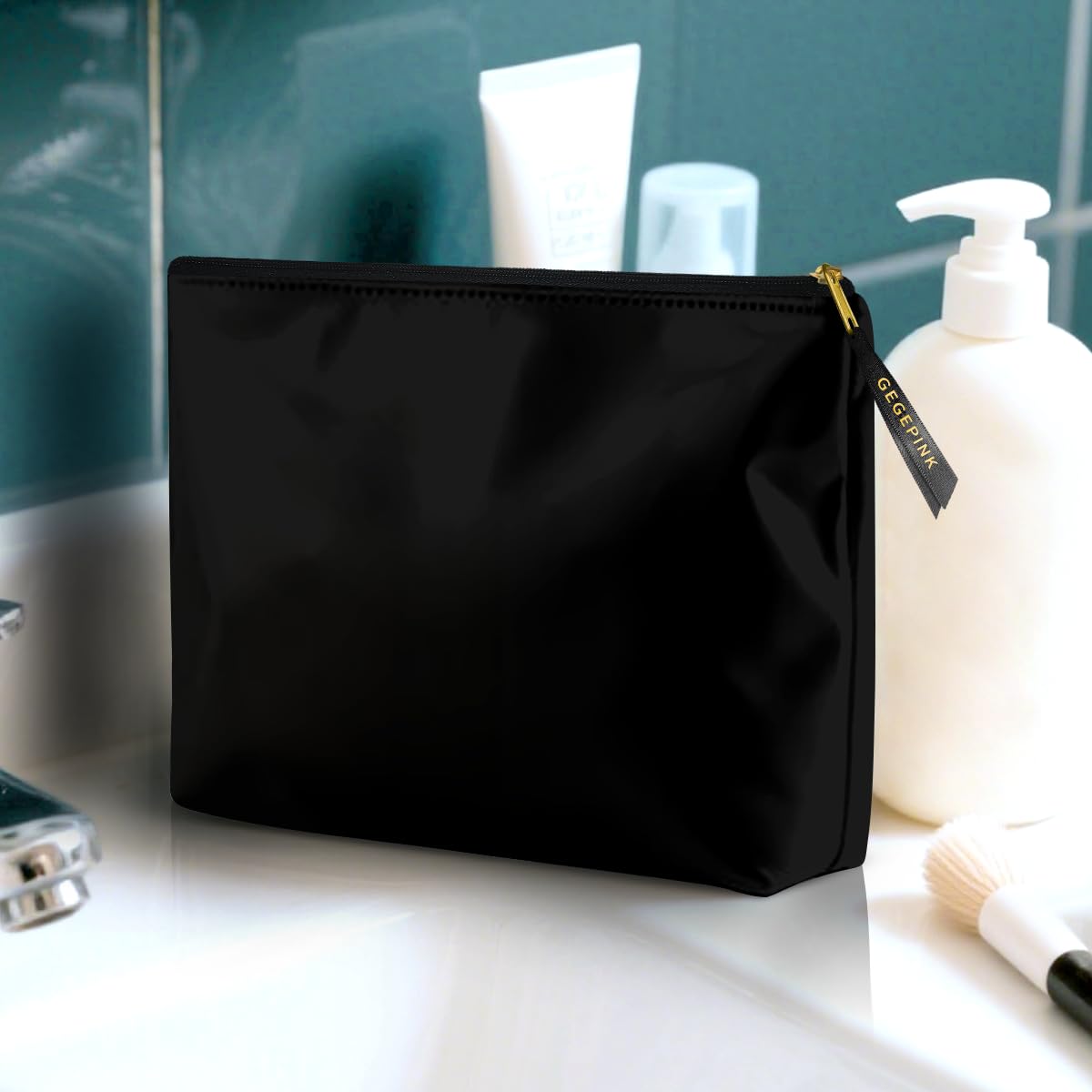GEGEPINK Cute Makeup Bag for Purse Waterproof Cosmetic Bags for Women Funny Smooth Zipper Travel Toiletry Pouch 10X8 Inches-Black Makeup pouch