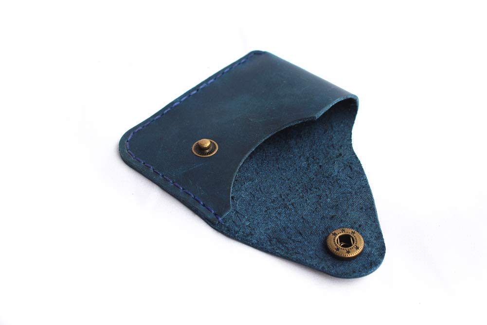 Handmade Leather Card Holder with Snap Closure - Ultra-Thin Minimalist Front Pocket Wallet, Hand-Stitched Genuine Leather Simple Card Case for Men & Women(Blue)