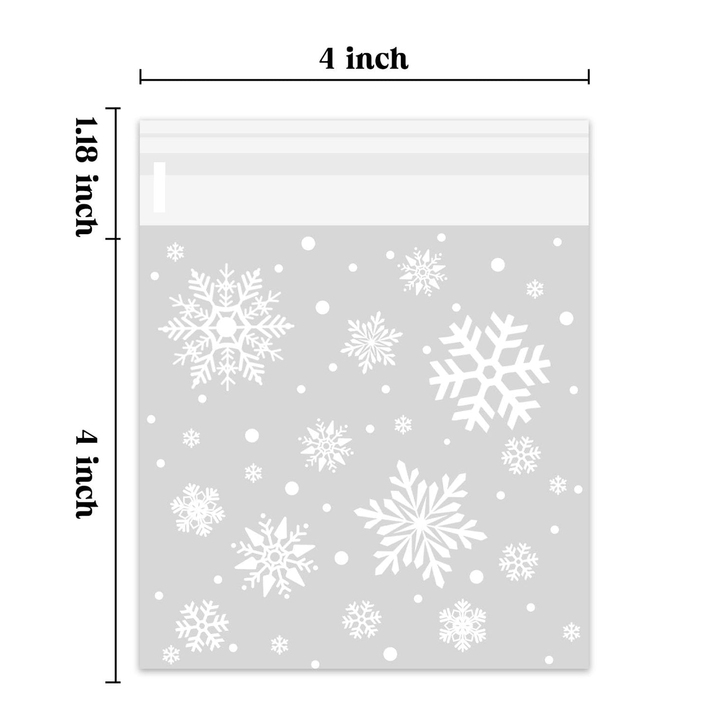 CUDICY Christmas Cookie Bags 300pcs Snowflake Cellophane Treat Bags 4x4 Self Adhesive Cookie Bag for Gift Giving Packaging Candy Goodie Holiday Homemade Bakery