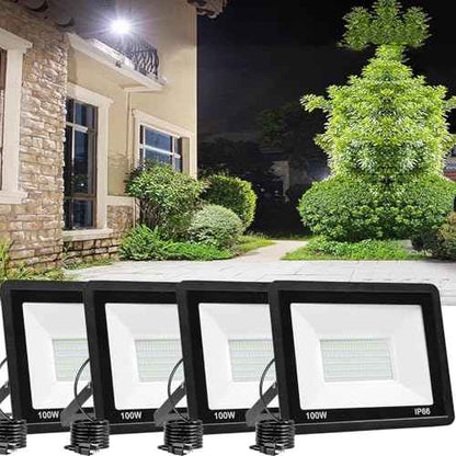 4 Pack 100W LED Flood Light Outdoor,10000LM Bright Work Spotlight Plug in,6000K Daylight White,IP66 Waterproof Exterior Security Floodlights for Yard,Garden,Backyard,Patio,Stadium,Parking Lot