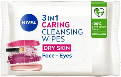 NIVEA 3in1 Caring Cleansing Wipes Dry Skin (40 Wipes), Plant-Based Makeup Remover Wipes, Face Wipes for Dry Skin, Gentle yet Effective Makeup Removal