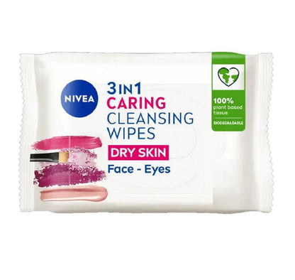 NIVEA 3in1 Caring Cleansing Wipes Dry Skin (40 Wipes), Plant-Based Makeup Remover Wipes, Face Wipes for Dry Skin, Gentle yet Effective Makeup Removal
