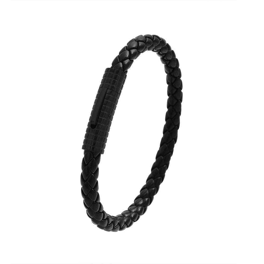 Edforce Classic Braided Genuine Leather Wrist Band Cuff Bracelet, 8.25inches (Black)
