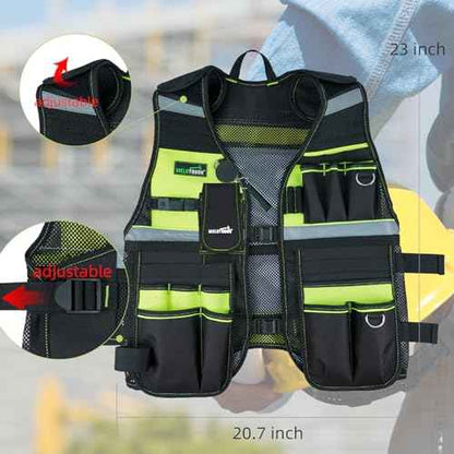 MELOTOUGH Tool Vest Reflective Safety Tool Vest with Removable Phone Holder,Retractable Pen Holder for Electrician,Carpenters,Construction(Lime)