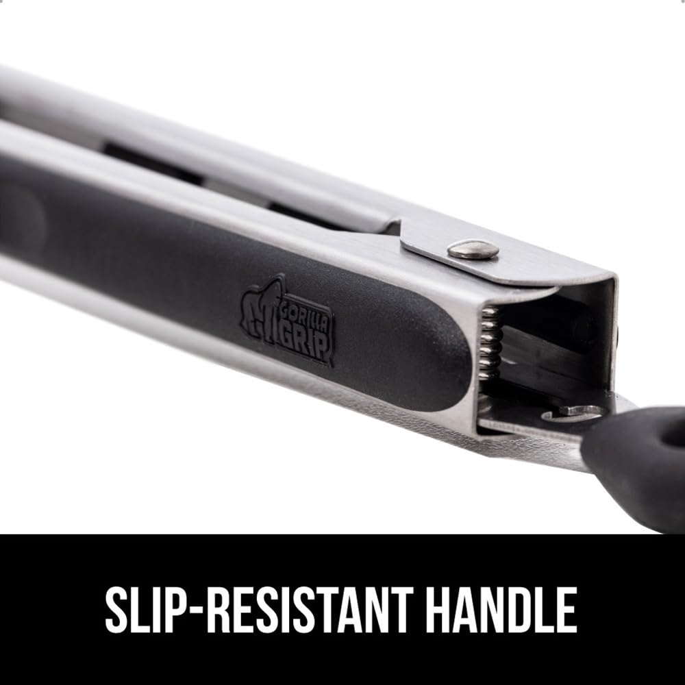 GORILLA GRIP Stainless Steel Heat Resistant Kitchen Tongs for Cooking, 9 + 12 Inch, Set of 2 BBQ Tong, Non Scratch Silicone Tip for Pan, Strong Grip, Grab Food, Toss Salad, Air Fryer, Pull Lock, Black
