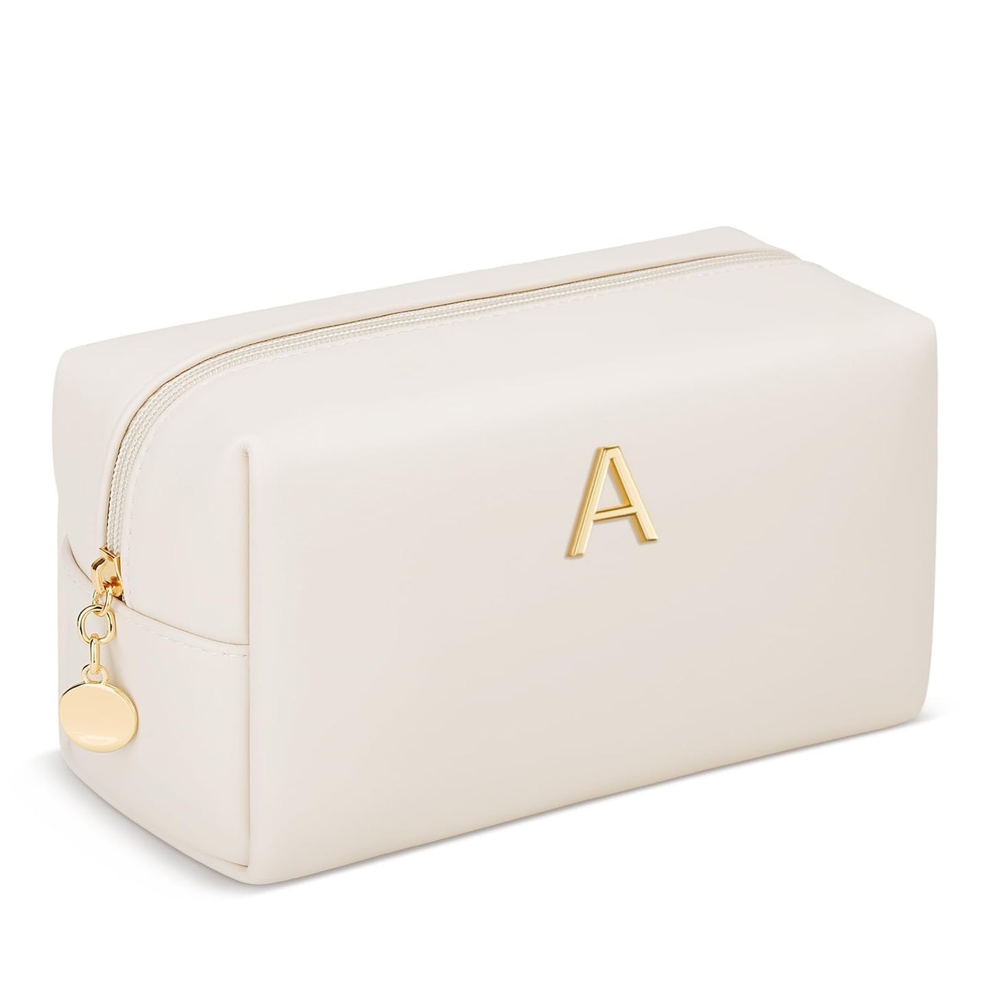KKXIU Initial Makeup Bag for Women - Personalized Birthday Gifts Cosmetic Travel Toiletry Bag with Waterproof Soft PU Leather Customized Gifts for Friend Teacher Bridemaid (A, Beige)