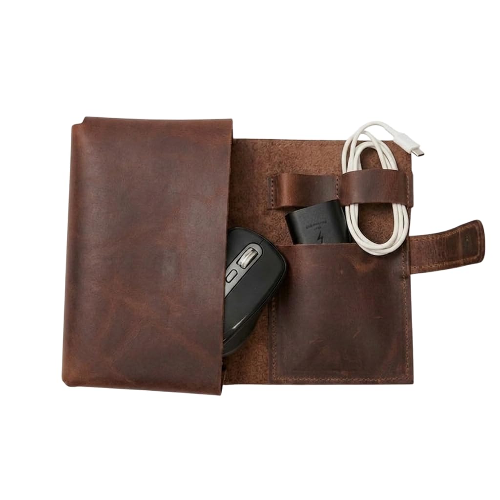 TORAKIP Leather Cable Case - Handmade Genuine Leather Cord Organizer Pouch, Travel Tech Accessories Bag for Chargers, Earphones & USB Cables, Compact Foldable Cable Holder, Brown