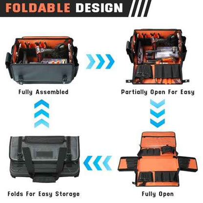 Heavy Duty Tool Bag with Wide Mouth, Full-Open Tool Bag, Tool Box Organizer Storage, Tool Tote with Adjustable Shoulder Strap, Portable, Waterproof, Multi-Pockets, Molded Base, Blue-grey
