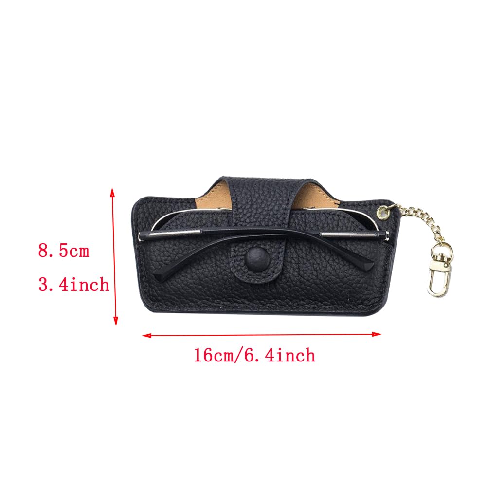 ZZHAOYI Genuine Leather Glasses Case Portable Slim Sunglasses Pouch Soft Leather Glasses Sleeve with Hardware Chain for Men and Women (Black)