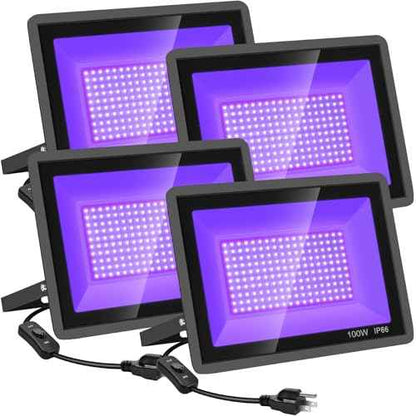 4 Pack 100W LED Black Lights, Blacklight Flood Light with Plug and Switch, 120VAC IP66 Waterproof Blacklight for Halloween Party, Glow in The Dark, Stage Light, Body Paint, Neon Glow