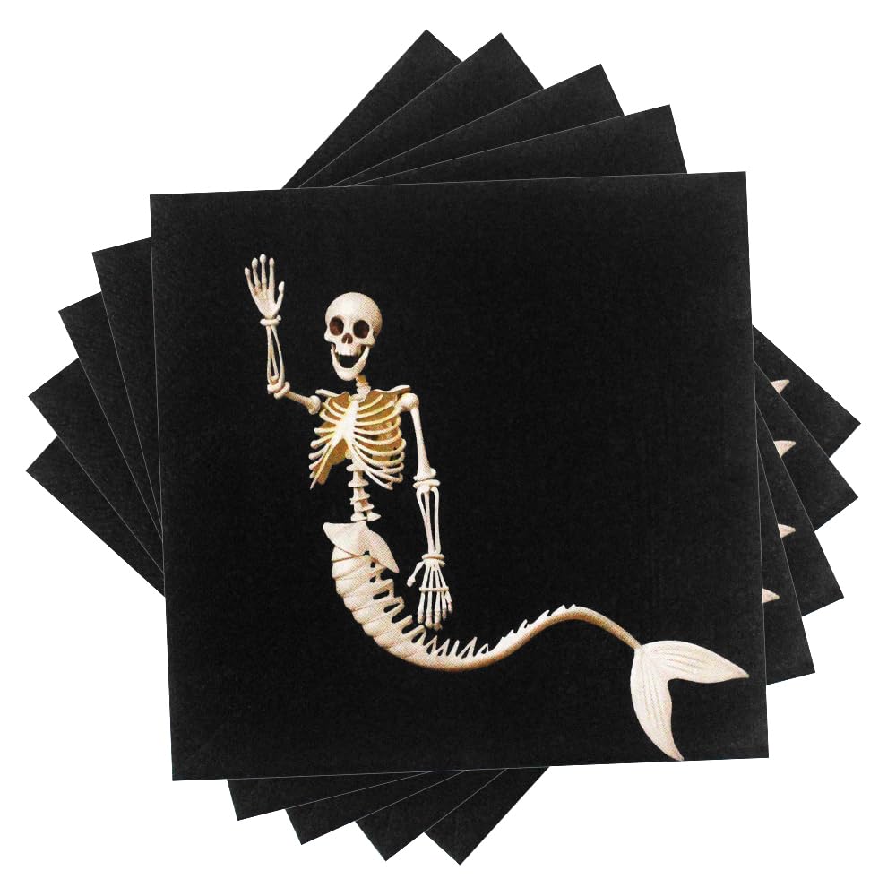 Dulousia 60count Halloween Napkins - 6.5x6.5in Disposable Paper Napkin Mermaid Skeleton Black Napkins for Halloween Get-together, DIY Parties, Holiday Celbration Home Dinner Skull Themed Table Decor