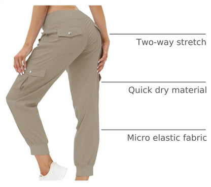 MoFiz Women's Cargo Pants Hiking Joggers Summer Lightweight Quick Dry Athletic Outdoor Sports Sweatpants Travel Casual Button Pockets Khaki L