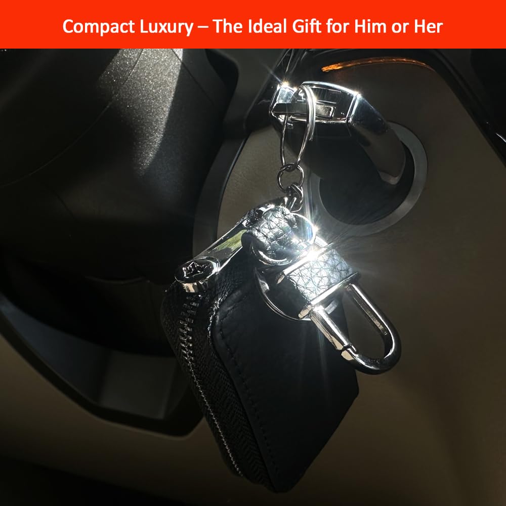 Luckybay Leather Car Key Holder, Car Key Case & Key Fob Protector Pouch with Zipper for Smart Keys, Keychain Wallet for Men Women (Black)