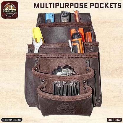 Graintex OS2052 5 Pocket Oil Tanned Nail & Tool Pouch Dark Brown Color for Constructor/Electrician/Plumber