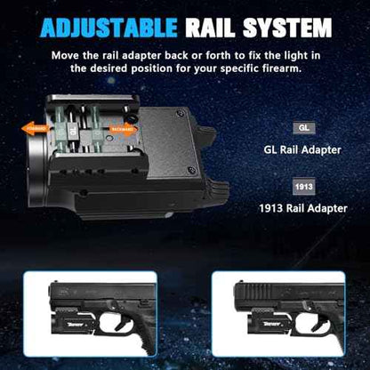 1000 Lumens Pistol Light Green Beam Combo, Strobe Memory Function Compact Weapon Light with Adjustable Picatinny or GL Rail, USB Rechargeable Aluminum Tactical Flashlight, Battery Included