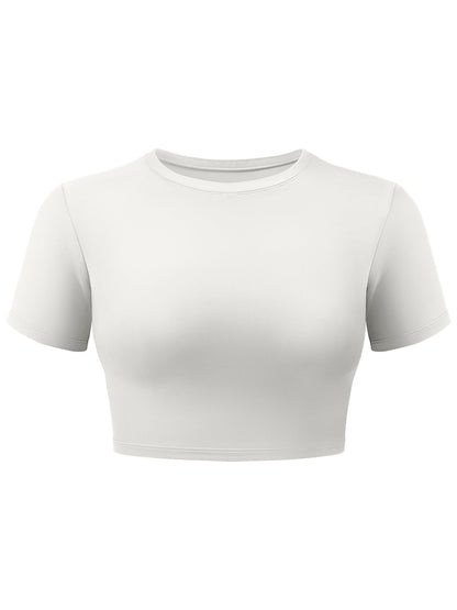 VOYJOY Womens Double Lined Fitted Short Sleeve Crop Tops Crew Neck Casual Workout T Shirts Cute Basic Tee White S
