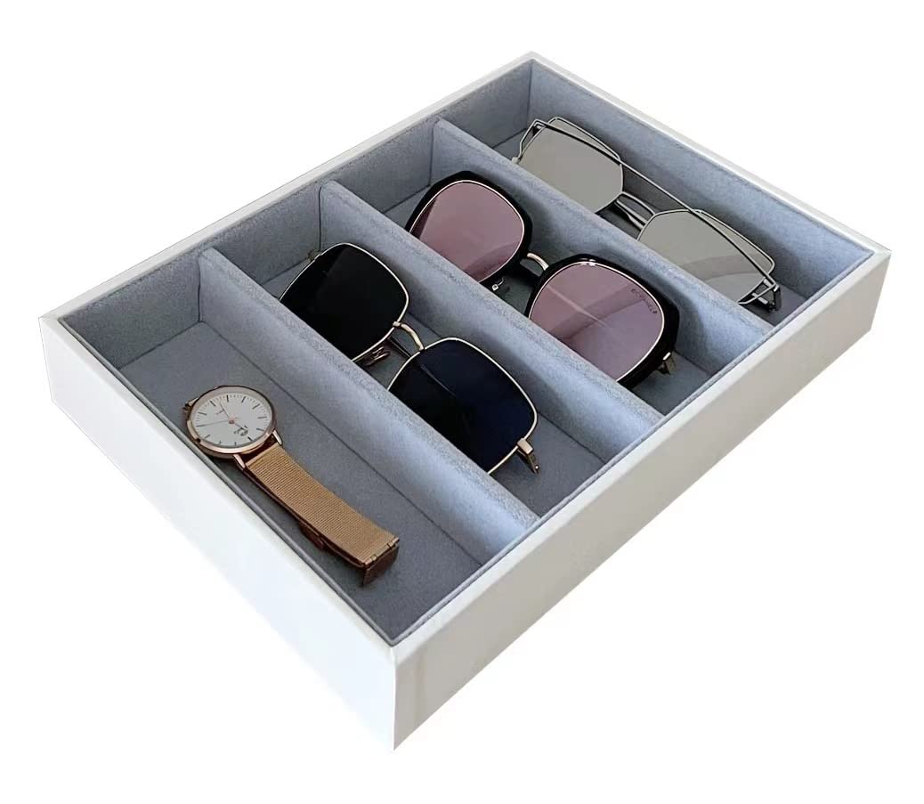Premium Quality Sunglasses Eyewear 4 Slot Tray Organizer Display Navy Blue PU Leather Exterior Soft Velvet Liner Grey