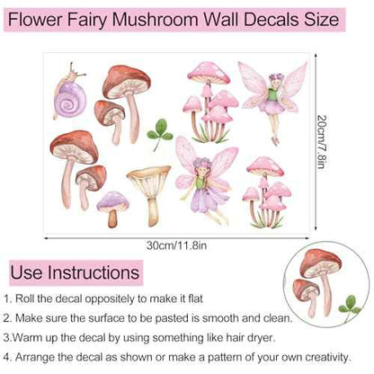 9 Sheet Fairy Mushroom Wall Decal Woodland Pink Mushroom Spring Floral Mural Sticker Peel and Stick Forest Nursery Wallpaper Decal for Bedroom Living Room Playroom Decor