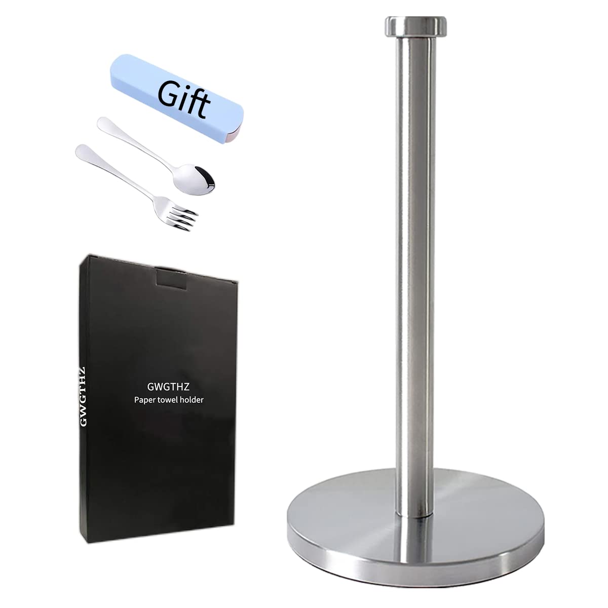 GWGTHZ Silver Standing Paper Towel Holder for Kitchen& Bathroom Countertop,Under Counter, Table Or BBQ, Standard or Jumbo-Sized Roll Paper (with Stainless Steel Base)