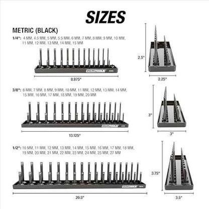 OEMTOOLS 22211 3-Pc Socket Organizer (Metric), Socket Holder for Organizing 1/4", 3/8", and 1/2" Sockets, Labeled Posts, Secure Fit, Sizes 4 mm to 27 mm