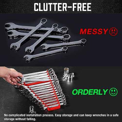 ALOANES 64-Slot ABS Plastic Wrench Organizer, Standard Hanging Wrench Organizer for Tool Box and Wall, Fit SAE & Metric Wrench Storage, 4 Pack Lightweight Wrench Holder(Red)