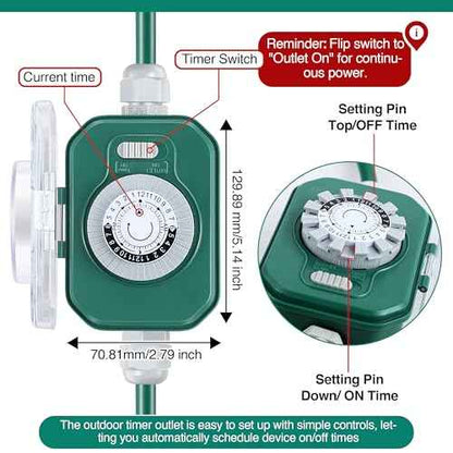Feekoon 40 Ft Extension Cord Outdoor with Outlet Timer, 1 to 3 Splitter Extension Cord with Multiple Outlets 16/3 SJTW Green Split Cable Weatherproof Covers for Holiday Christmas Lights