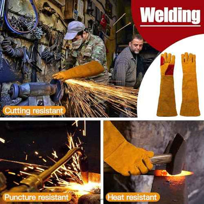 Welding Gloves for Men Women, 23.6" Leather Long Sleeve Welding Glove, Breathable Thicken Extreme Heat Resistant Protective Gloves for TIG MIG Welding BBQ Cooking Pet Training