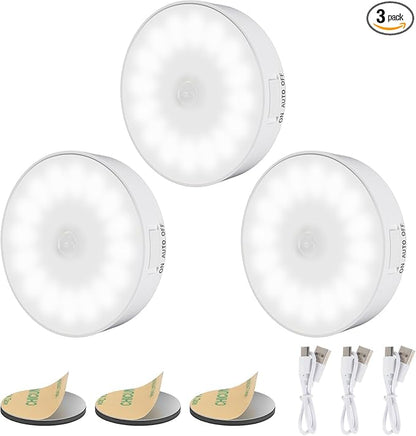 Motion Sensor Light Indoor [Upgraded 14 LEDs], 3 Pack Rechargeable Night Light, Wide Detection Range, 3 Light Modes, Bedroom Closet Lights, Anywhere Stair Light, Hallway Light - Cold White
