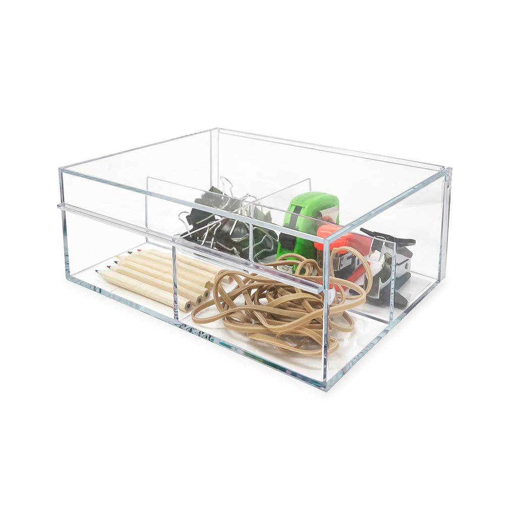 Isaac Jacobs 4-Compartment Clear Acrylic Organizer with Lid (6.7" L x 8.6" W x 3.4" H), Multi-Sectional Tray & Storage Solution for Makeup, School & Office Supplies & More, for Bathroom, Kitchen