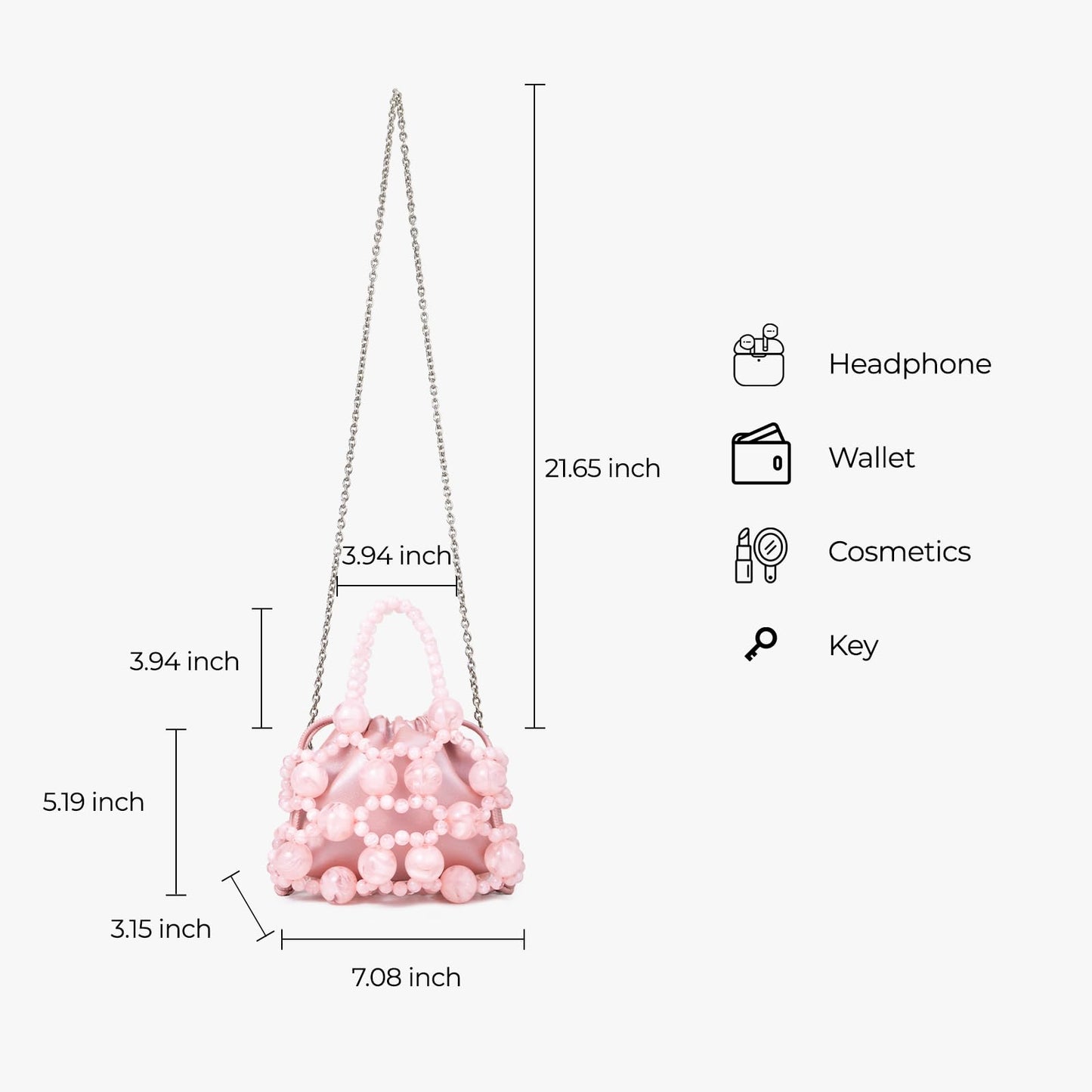 frrbuu Pink Beaded Handbag, Drawstring Closure with Beaded Handle, Detachable Silver Chain Strap, Mini Crossbody Bag