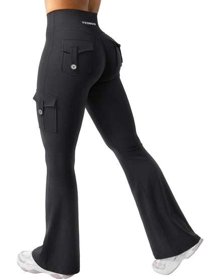 YEOREO CoreFlex Women Workout Flare Leggings with Pockets Hidden Scrunch High Waisted Cargo Gym Yoga Leggings Black XXL