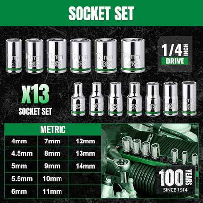 SK 1/4" Drive Socket Set, Metric Sockets, 13-Piece 4-14 mm, SuperKrome Finish, Premium CR-V Construction, with Aluminum Socket Organizer