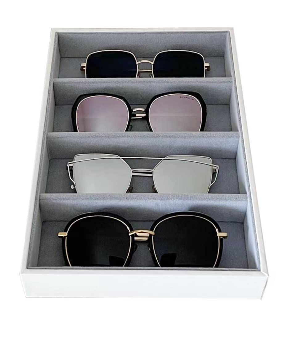 Premium Quality Sunglasses Eyewear 4 Slot Tray Organizer Display Navy Blue PU Leather Exterior Soft Velvet Liner Grey