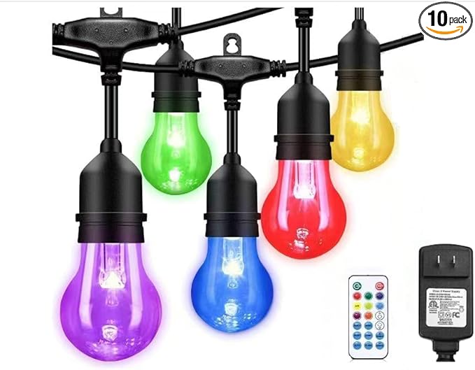 Auroraworld 35FT RGB Outdoor String Lights, Dimmable Color Changing Waterproof LED Patio Lights with Remote & E26 Shatterproof Edison Bulbs for Bistro Backyard Garden Party Decor