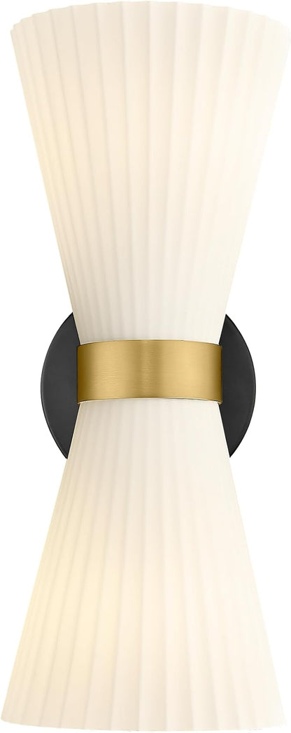 Indoor Wall Sconces, HWH Hardwired Black and Gold Bathroom Sconces Wall Lighting with Frosted Milk White Striped Glass, Modern Sconces Wall for Bathroom Hallway, 5HZG97B-2W BK+BG