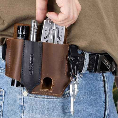 Leather Multitool Sheath,Handmade EDC Belt Organizer,Tactical Tool Pouch Holster, Fits Flashlight, Pen and Keychain, Brown