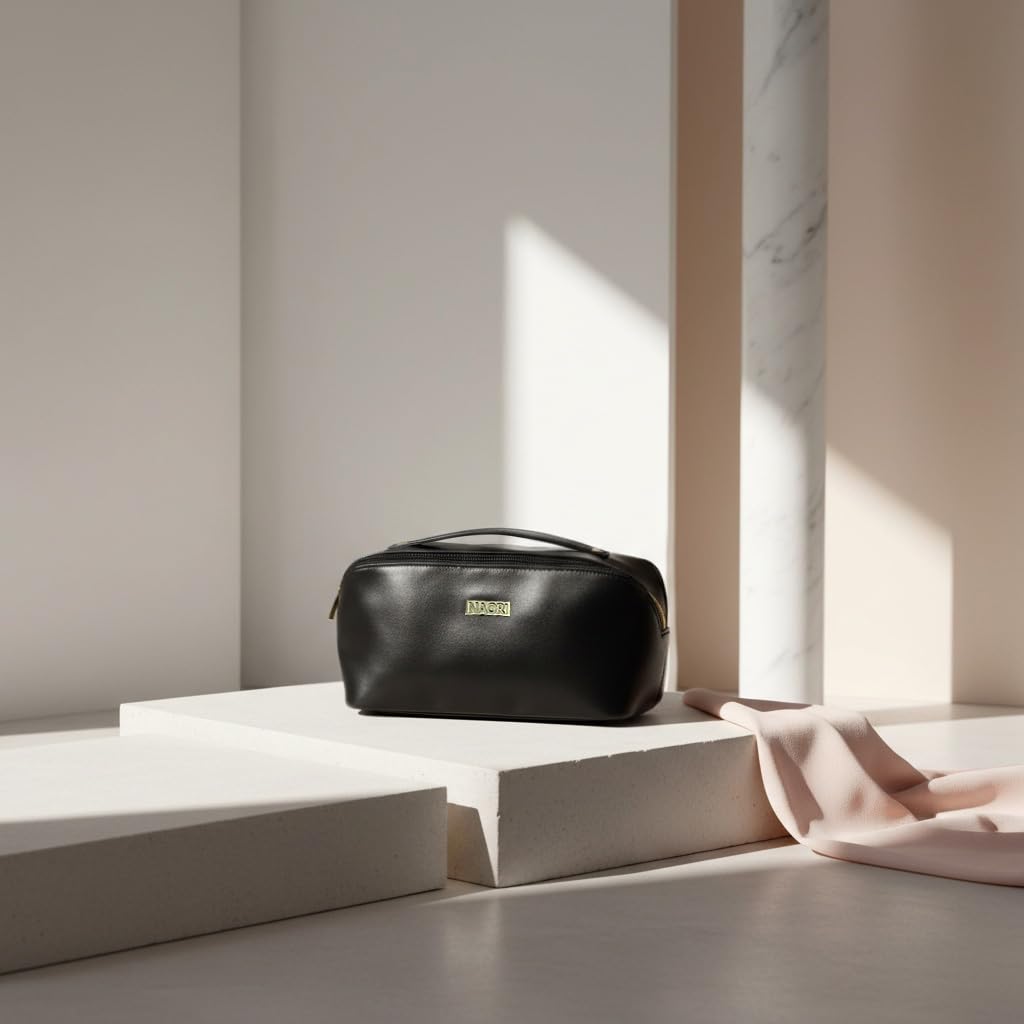 NAORI Travel Makeup Bag for Women | Large Luxury Cosmetic Organizer with Handle & Inner Pockets | Waterproof Faux Leather Toiletry Bag | Makeup Case for Home, Travel & Gifting (Elegant Black)