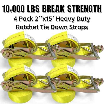 KJE Ratchet Straps Heavy Duty(4 Pack), 2" x 15' Ratchet Strap 10,000 Lbs Max Break Strength, Tie Down Ratcheting with J-Hook, Cargo Straps for Truck, Trailer, Moving Appliances