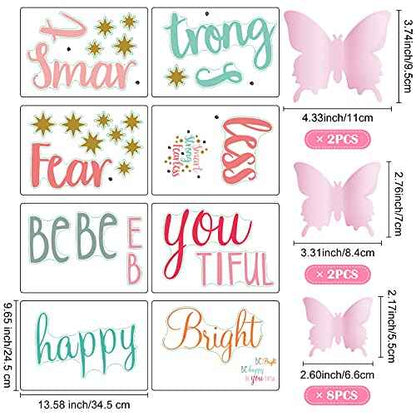Chinco 20 Sheets Inspirational Quotes Wall Decals Stickers for Girls,12 Sheets Pink Pastel 3D Butterfly,Smart Strong Fearless,Be Bright Happy,Be You Tiful Sayings Art Stickers for Bedroom Living Room
