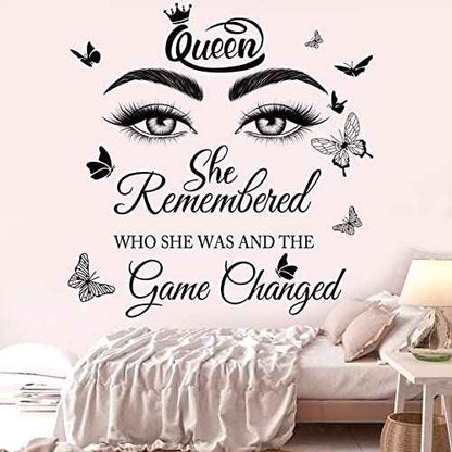 Inspirational Quotes Wall Decals Eyelash Eyes Wall Stickers Positive Lettering Saying Queen She Remembered Who She Was and the Game Changed Wall Art Sticker for Women Girls Bedroom Living Room Decor