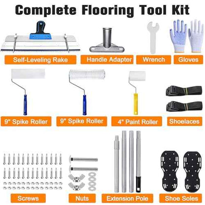 Self-Leveling Cement & Epoxy Floor Tool Kit ? Rake, 9¡± Spike Rollers, 4¡± Paint Roller, Spiked Shoes, Extension Pole, Gloves & Accessories