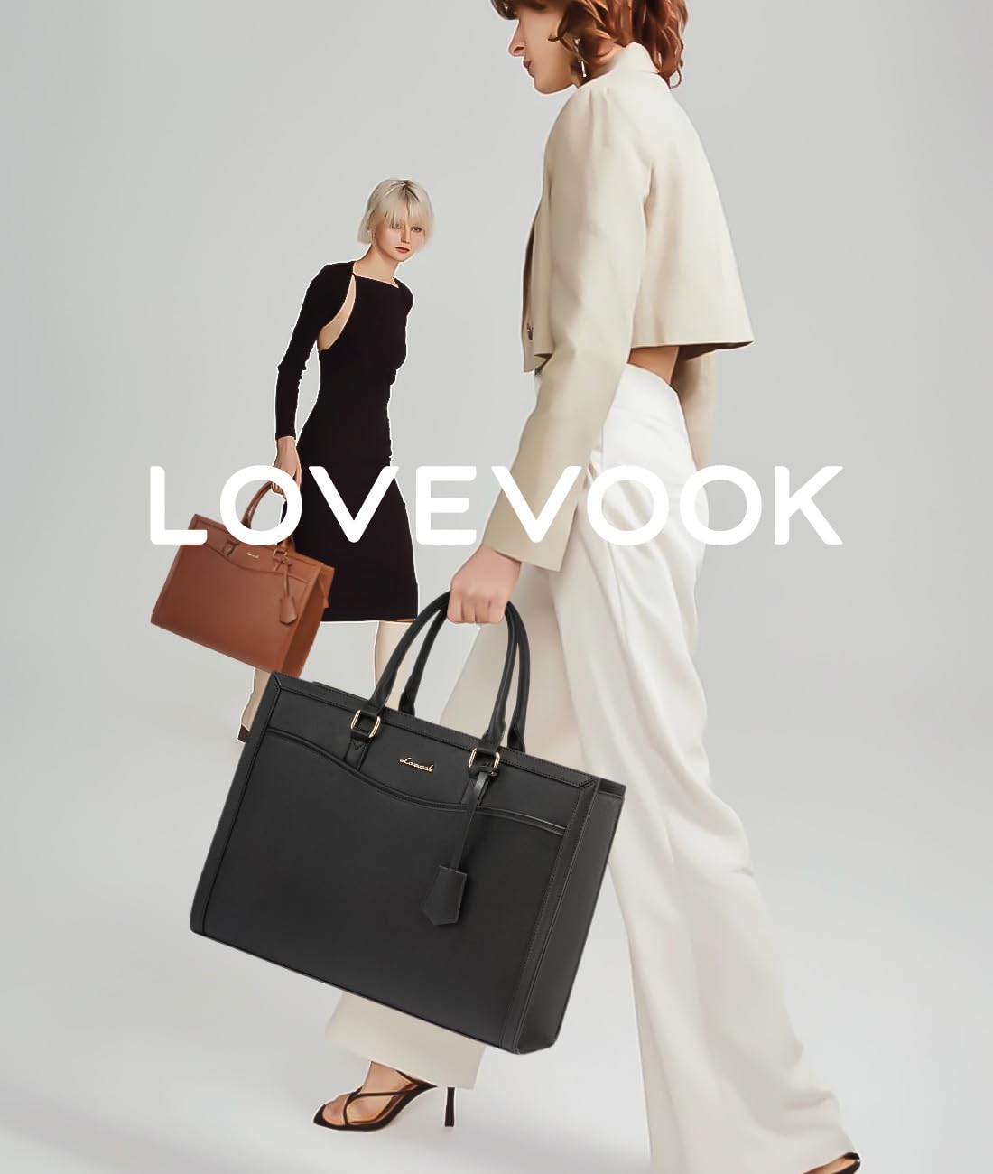 LOVEVOOK Laptop Tote Bag for Women, Leather Office Work Bag Briefcase fit for 15.6 inch Laptop, Large Teacher Computer Bag Handbag,2pcs Set Leather/Black