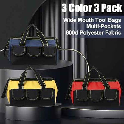 3 Pack Wide Mouth Tool Bag, 13 Inch Waterproof Power Tools Organizer Heavy Duty Drill Bag Electrician Tool Tote for Professionals, Construction Electricians Carpenter and DIY Enthusiasts