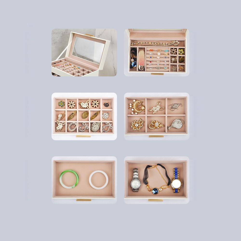 GYJOYERO Jewelry Box with Glass Lid 5 Layers Jewelry Orangizer Women Girls PU Leather Jewellery Hold Storage Large Case 4 Drawers big Jewelry Display GY822 (White)
