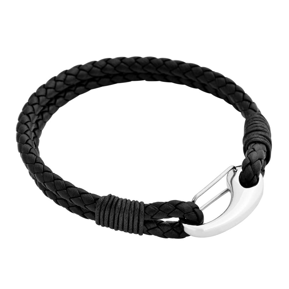 Edforce Braided Genuine Leather 2-Strand Cuff Bracelet with Stainless Steel Clasp (Brown)