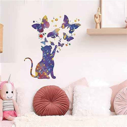 Fantasy Starry Sky Cat Butterfly Wall Stickers,sacinora Cartoon Kitten Animal Wall Decals Removable Vinyl Peel and Stick for Living Room Nursery Children's Room Bedroom Art Decorations
