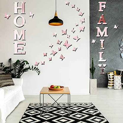 Outus 3D Family Home Sign Letters Living Room Decor Family Rustic Farmhouse Wall Decor Acrylic Mirror Decorative Butterfly Mirror Wall Sticker Decals for Living Room Bedroom Kitchen (Rose Gold)