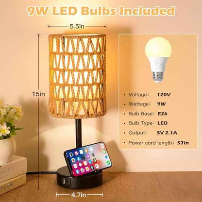 Rattan Table Lamps for Living Room, 3 Way Dimmable Touch Lamps, Small Bedside Lamps with LED Bulbs, Phone Stand, USB Ports and AC Outlet, Boho Nightstand Lamp for Kids Room, Bedroom, Office (2 Pack)